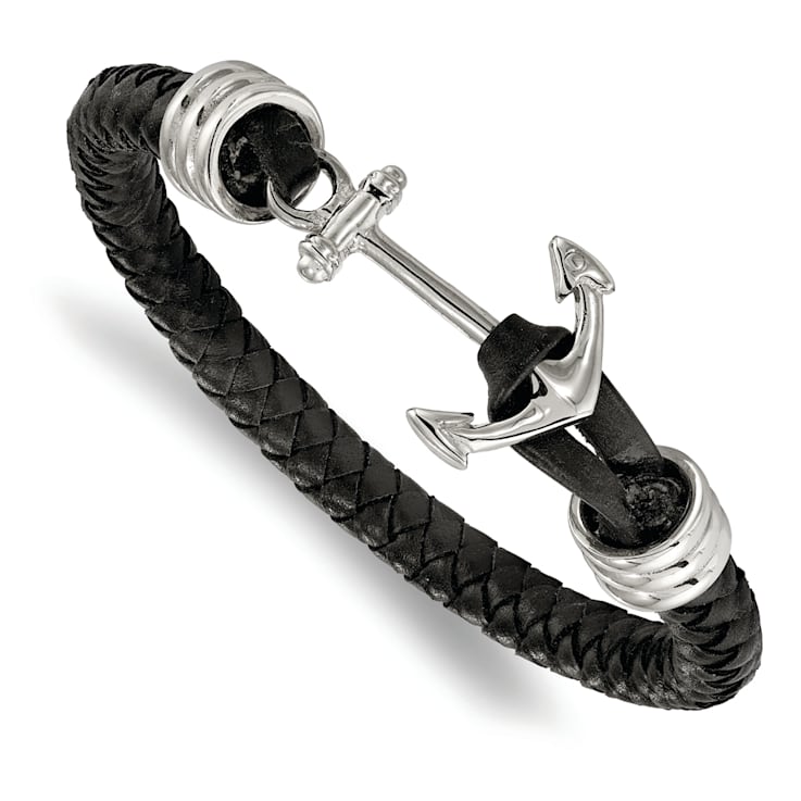 Black Braided Leather and Stainless Steel Polished Anchor 8.5-inch Bracelet