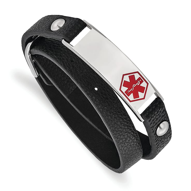 Black Leather and Stainless Steel Polished Enamel Wrap Medical
Adjustable Bracelet