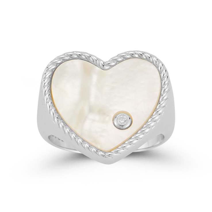 Mother-Of-Pearl Heart Signet Ring In Sterling Silver With CZ Accent