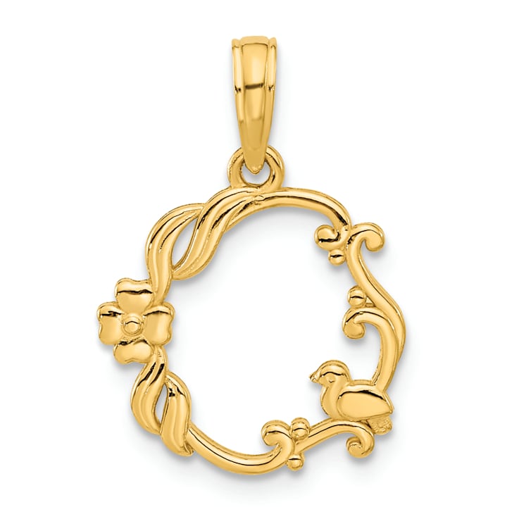 14K Yellow Gold Polished Floral with Bird Circle Pendant