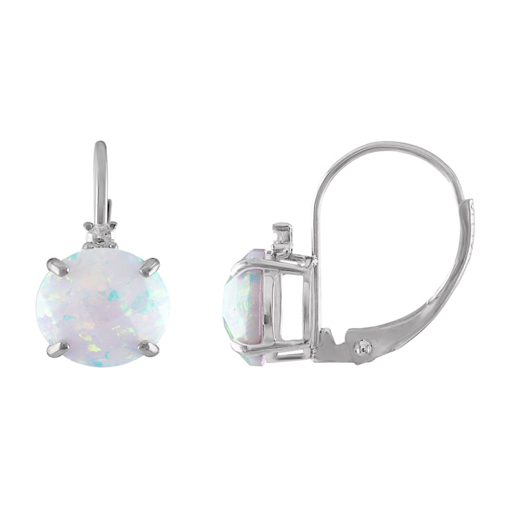10K White Gold Lab Created Opal and Diamond Round Leverback Earrings 1.33ctw