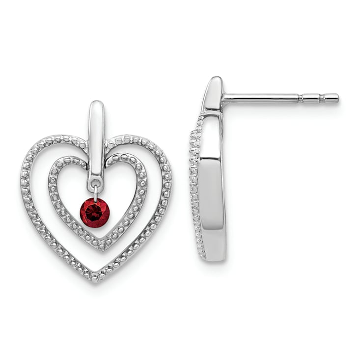 Rhodium Over 14k White Gold Red Diamond Heart Stud Earrings