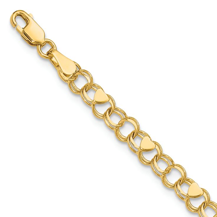 14k Yellow Gold 4mm Double Link Hearts Charm Bracelet