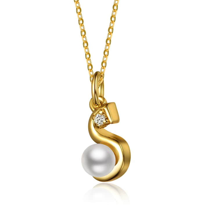 Initial S White Pearl And Pear Shape CZ Pendant Necklace In 14K Gold
Over Brass