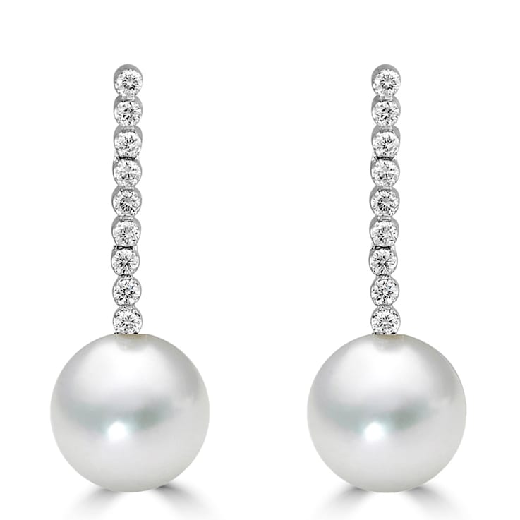 14KW  9mm Akoya White Pearl Drop Earrings, 0.27 ctw Diamond