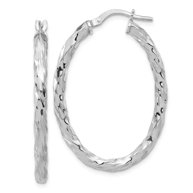 Rhodium Over Sterling Silver Polished and Textured Twisted Oval Hoop Earrings