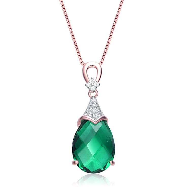 Emerald Color CZ Teardrop Pendant In 18K Rose Gold Over Sterling Silver