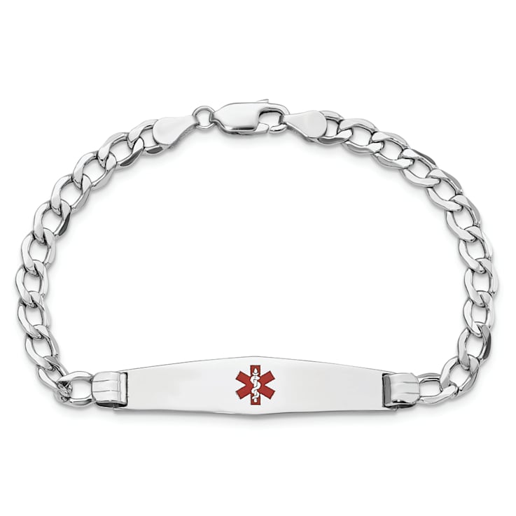 Rhodium Over 14k White Gold Medical Soft Diamond Shape Red Enamel Curb
Link ID Bracelet