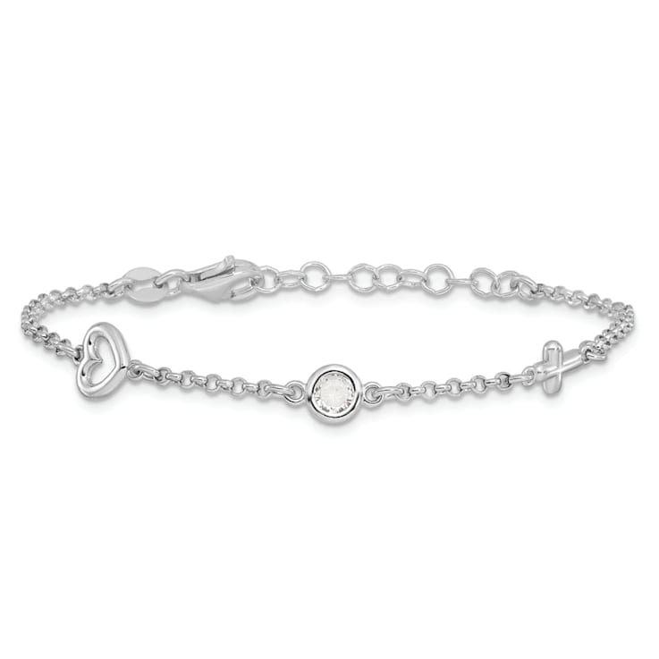 Rhodium Over Sterling Silver Cubic Zirconia Heart and Cross with 1-inch
Extension Bracelet