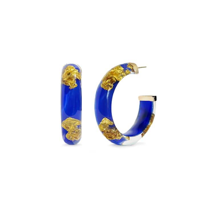 14K Yellow Gold Over Sterling Silver Small Gold Leaf Acrylic Hoops in
Royal Blue