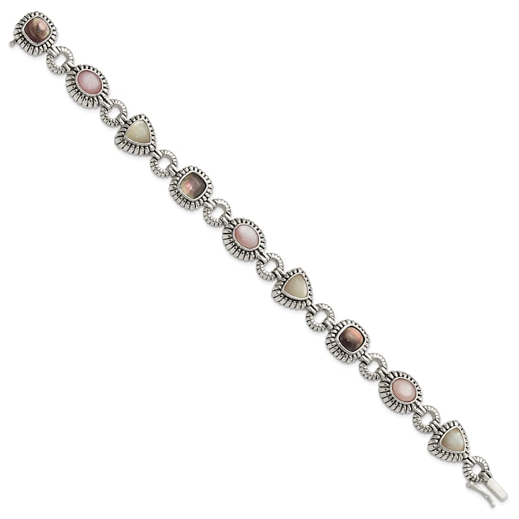 Sterling Silver Oxidized Pink/Black/White Mother of Pearl 7.75-inch Bracelet