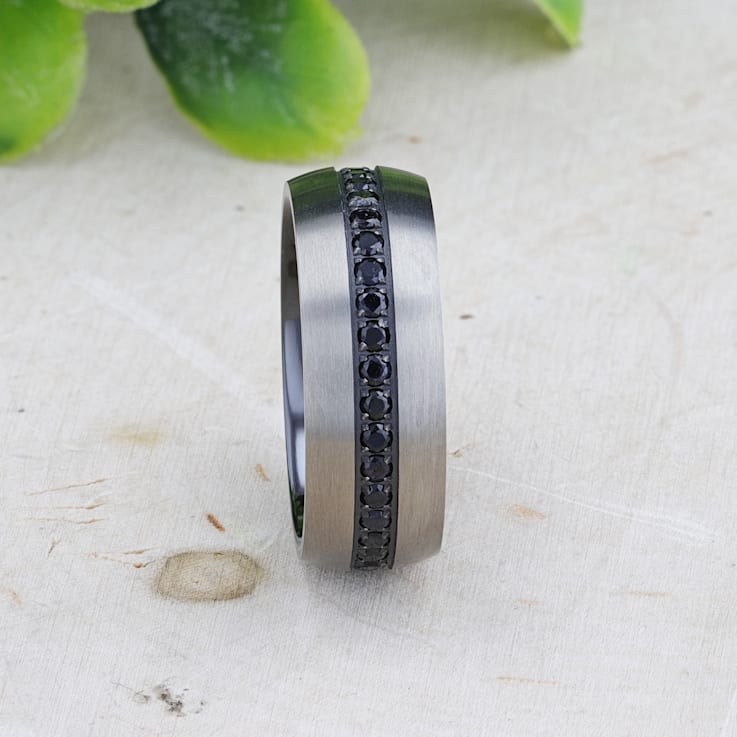 AVIATOR Domed Brushed Titanium Men's Wedding Band with Black Sapphire
Stones Inlay 8mm