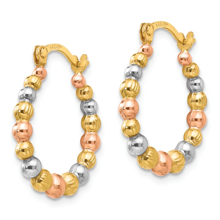 14K Yellow Gold with Rose and White Rhodium Beaded Hoop Earrings