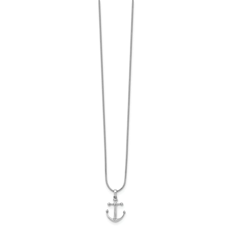 Rhodium Over Sterling Silver White Ice Diamond Anchor Necklace