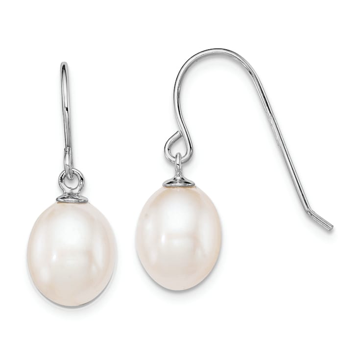 Rhodium Over Sterling Silver Polished 8-9mm Freshwater Cultured Pearl
Dangle Earrings
