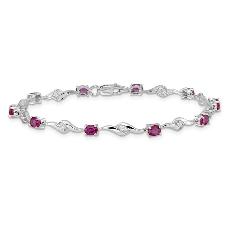 Rhodium Over 14k White Gold White Sapphire and Ruby Bracelet