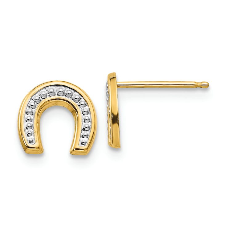 14K Two-tone Gold Polished and Rhodium Horseshoe Post Earrings