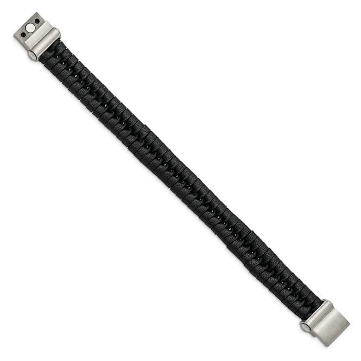 Black Leather and Stainless Steel Brushed 8.5-inch Bracelet