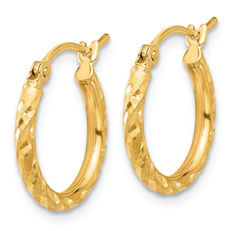 14k Yellow Gold Polished, Satin and Diamond-Cut 11/16" Hoop Earrings