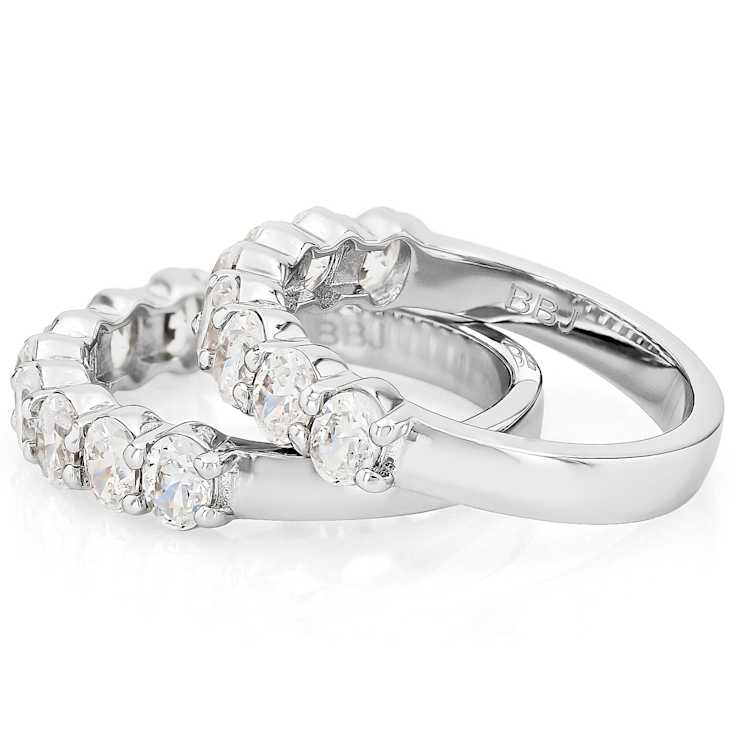 Oval CZ Set Of Two Stackable Band Rings In Rhodium Over Brass 5.30ctw