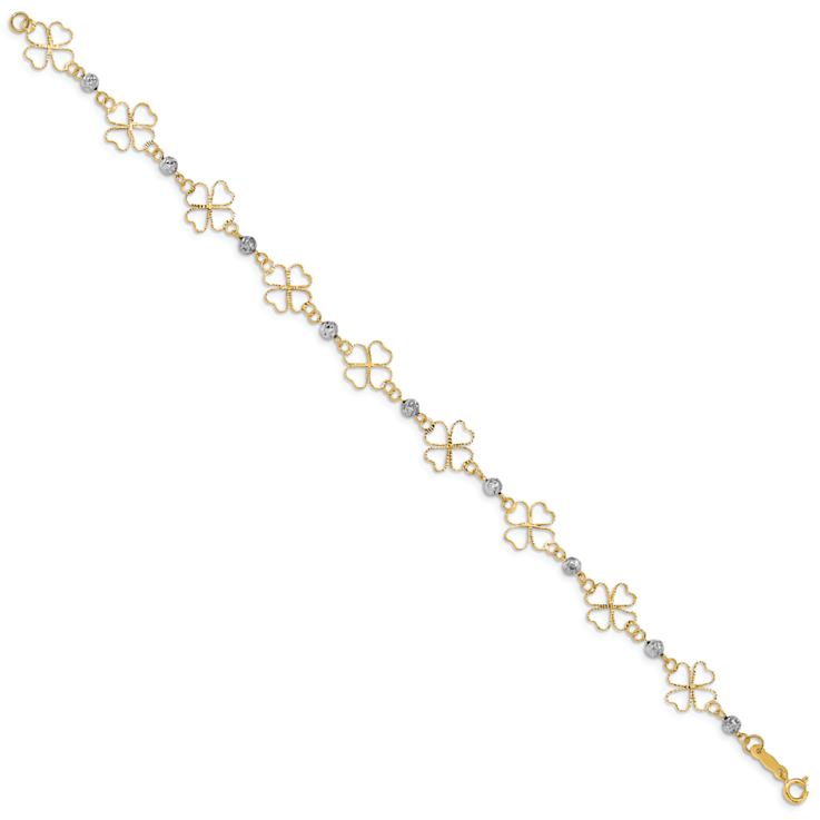 14k Two-tone Gold Diamond-Cut Open Clovers and Beads Link Bracelet