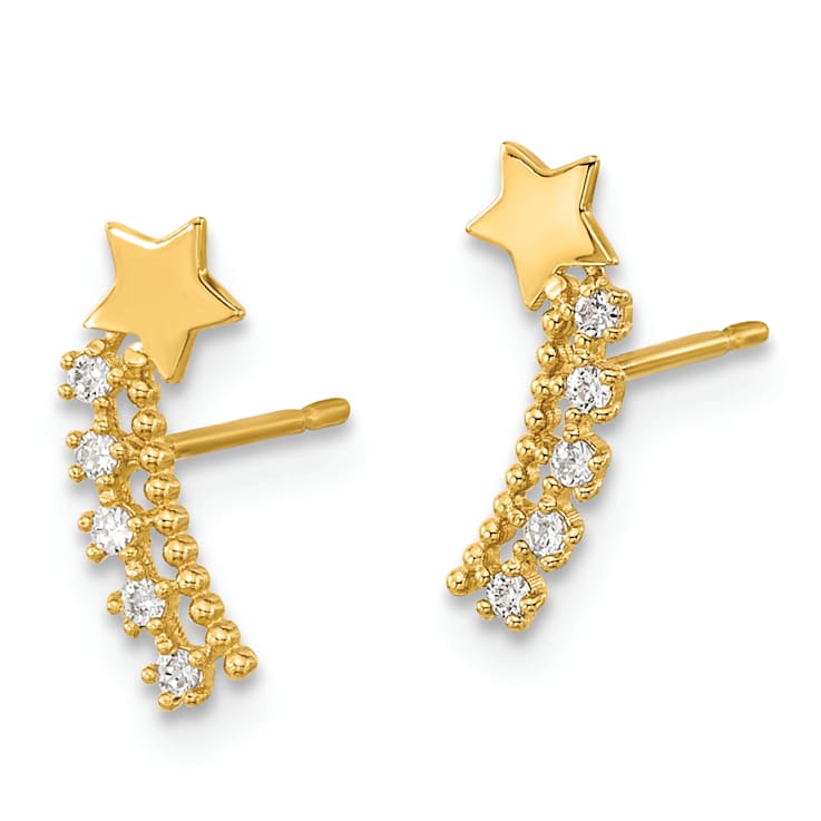 14k Yellow Gold Kids Textured Cubic Zirconia Shooting Star Stud Earrings