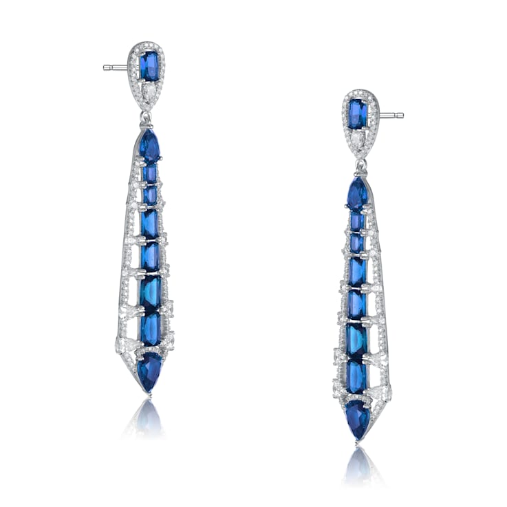 Blue Cubic Zirconia, Rhodium Over Sterling Silver Ladder Style Dangle Earrings