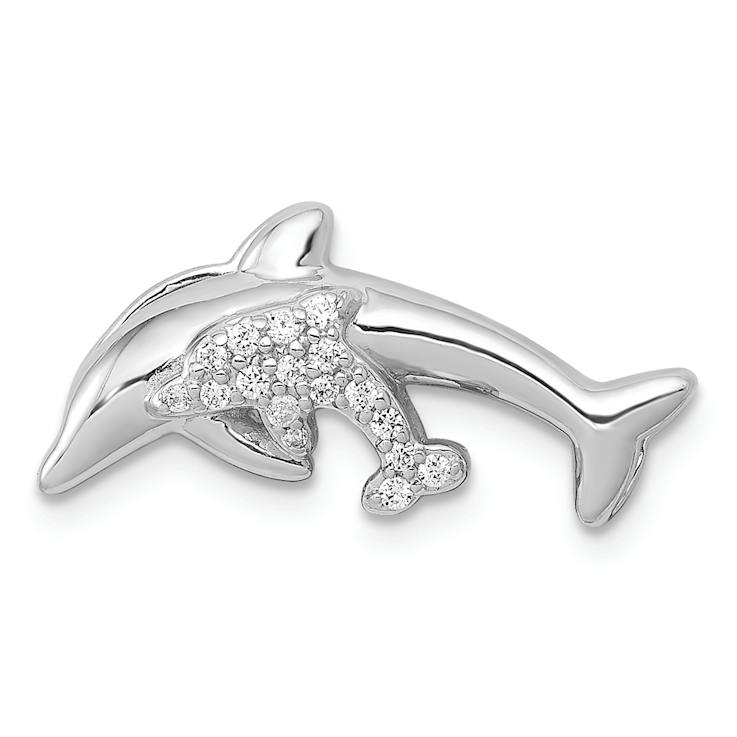 Rhodium Over 14k White Gold Diamond Two Dolphins Chain Slide Pendant
