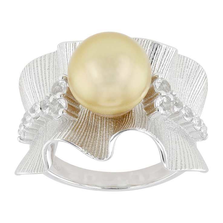 Golden South Sea Pearl And White Topaz Ring In Sterling Silver