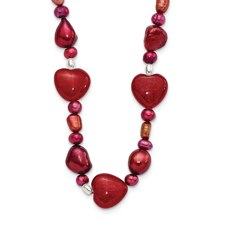 Sterling Silver Red Jadeite and Freshwater Pearl Heart Necklace