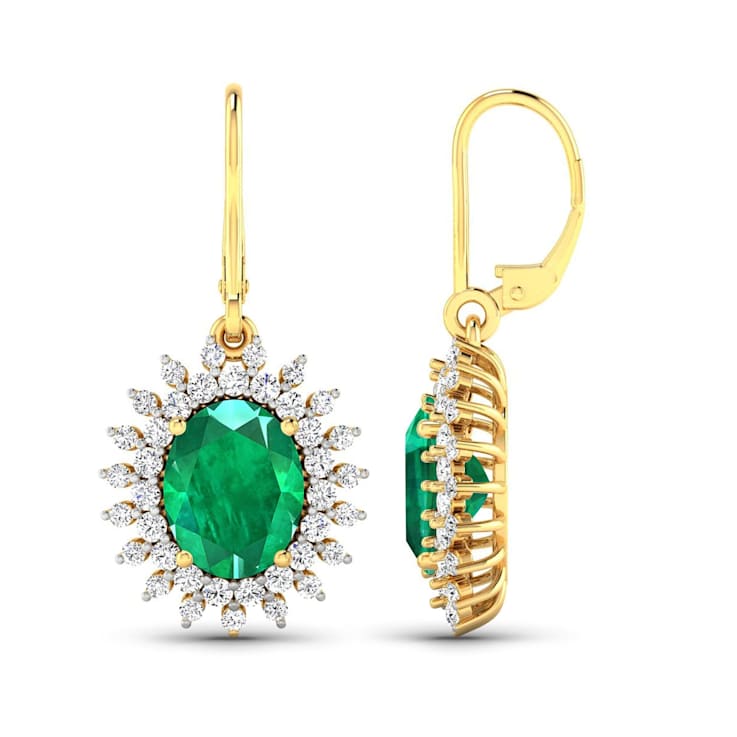 3.06ctw 14K Yellow Gold  Zambian Green Emerald and White Diamond Halo Earrings