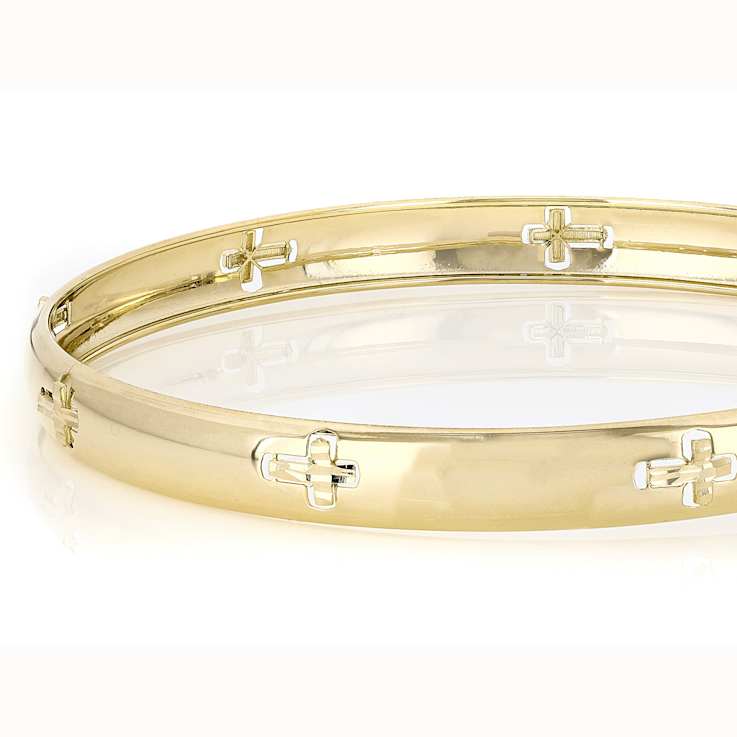Italian Rinascimento Cross Bangle In Solid 14K Yellow Gold 6mm