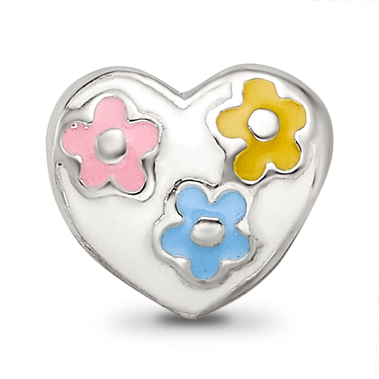 Sterling Silver Enameled Heart with Flowers Bead