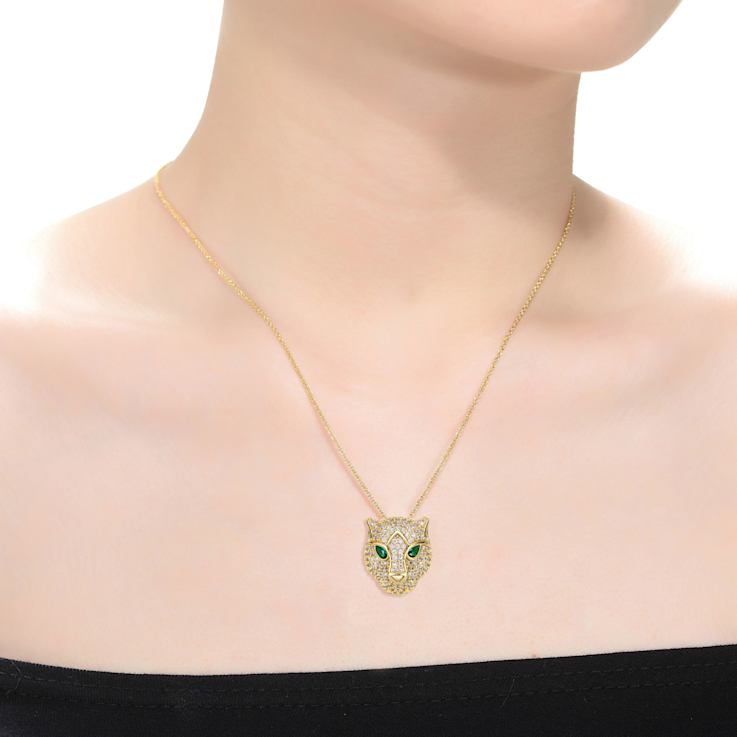 Emerald Color CZ Panther Head Pendant Necklace In 14K Gold Over Brass