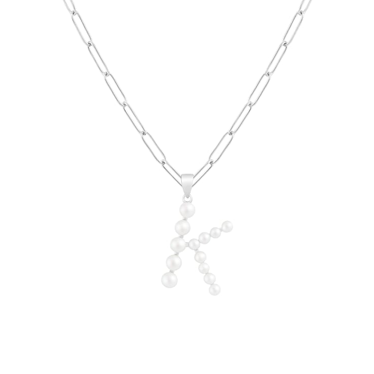 Letter K Initial Cultured Freshwater Pearl Rhodium Over Sterling Silver
Pendant With  18" Chain