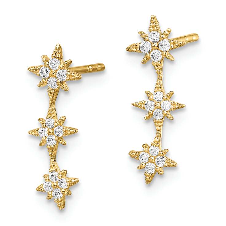 14k Yellow Gold Textured Cubic Zirconia Star Drop Bar Dangle Earrings