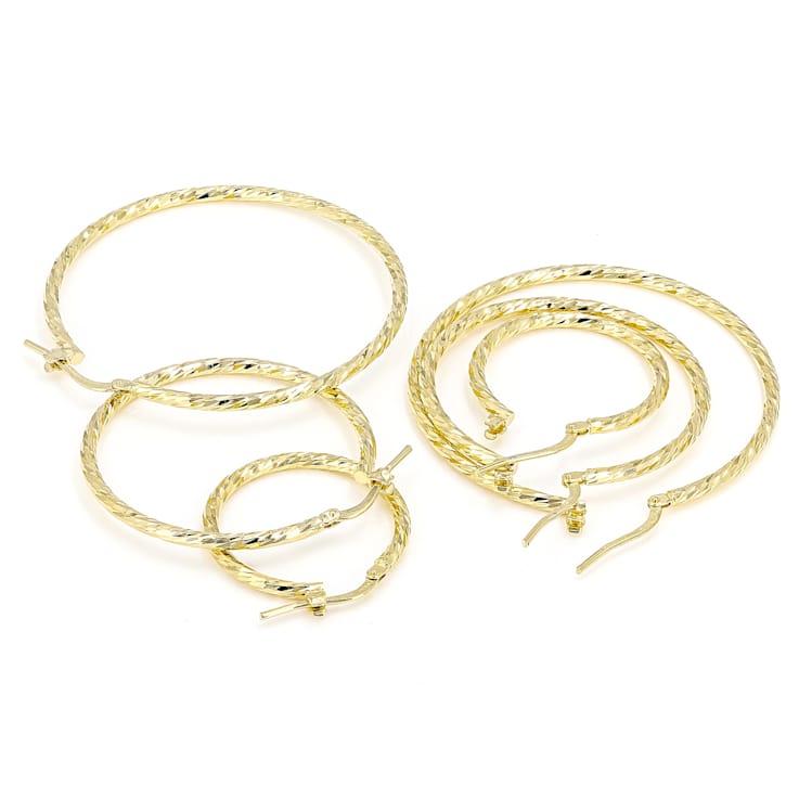Set Of 3 Twisted Hoop Earrings In 18K Gold Over Bronze