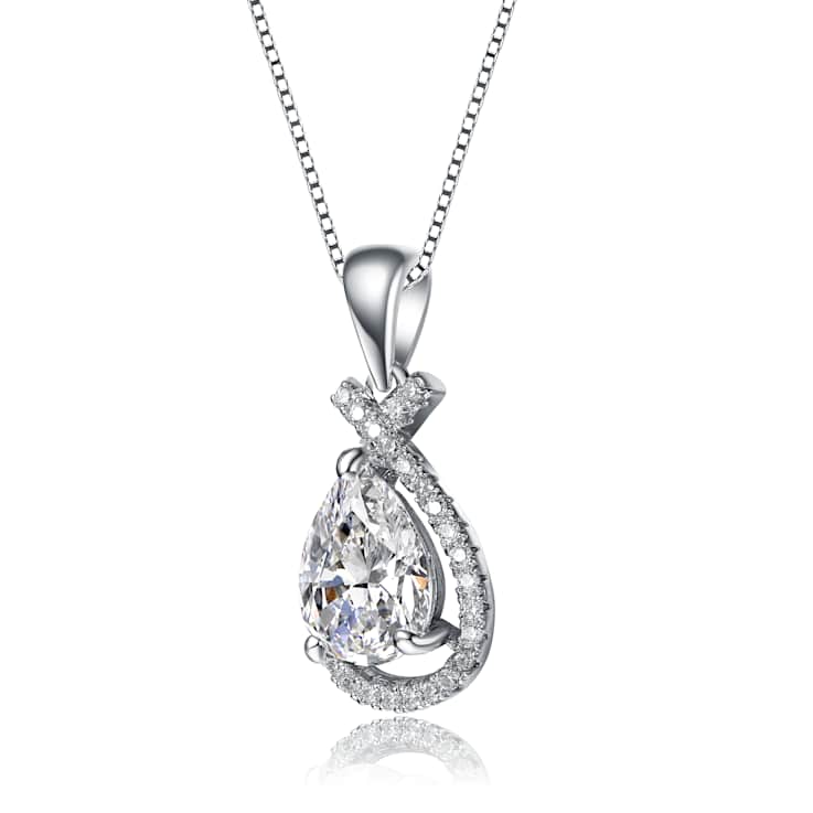 CZ Pear Shape Halo Pendant Necklace In White Rhodium Over Brass