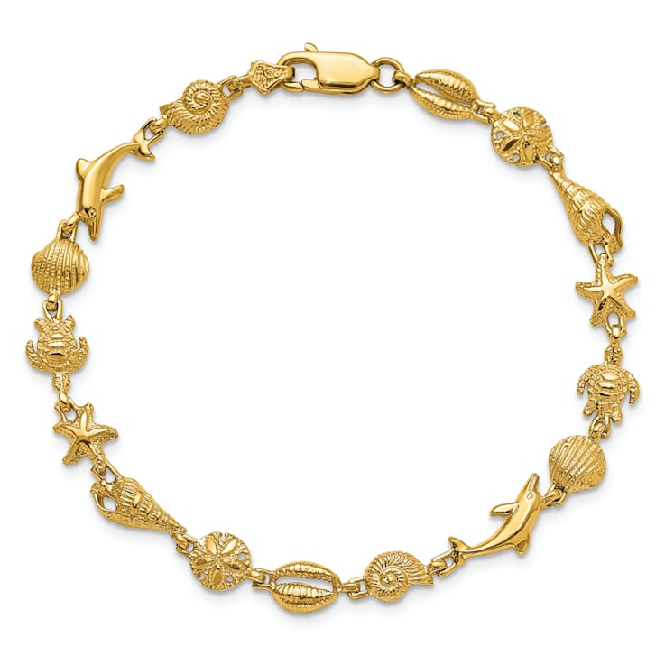 14k Yellow Gold Textured Seashell Theme Link Bracelet