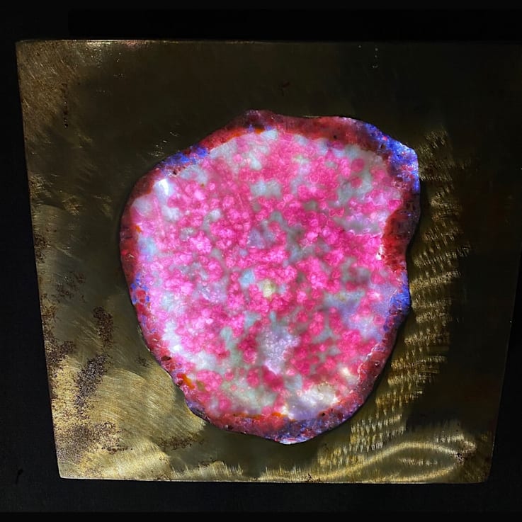 'Pink Tourmaline Slice' - Gemstone Art With Pink Tourmaline, Lepidolite,
and Kyanite