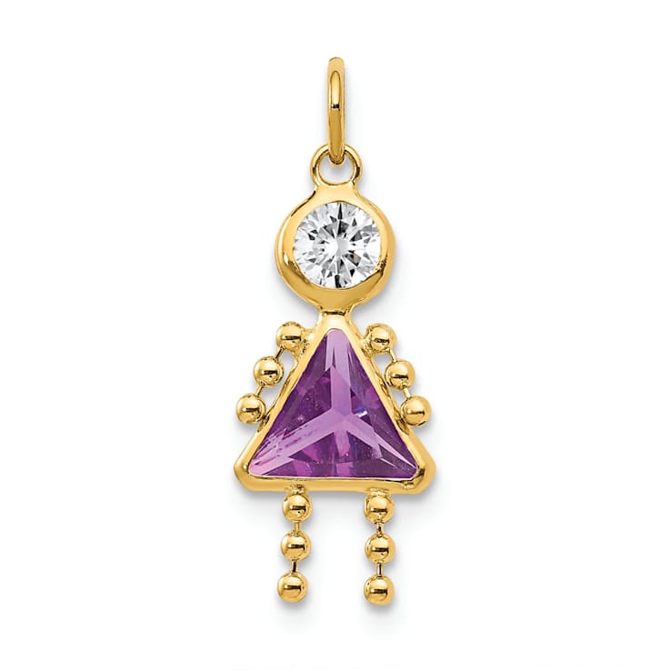 10k Yellow Gold Purple Amethyst Simulant February Birthstone and Clear
Cubic Zirconia Girl Charm