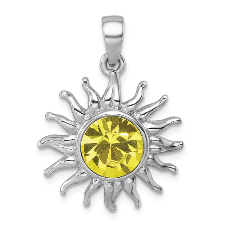 Rhodium Over Sterling Silver Polished Yellow Crystal Sun Pendant