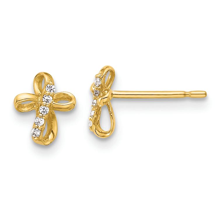 14k Yellow Gold Cubic Zirconia Cross Stud Earrings