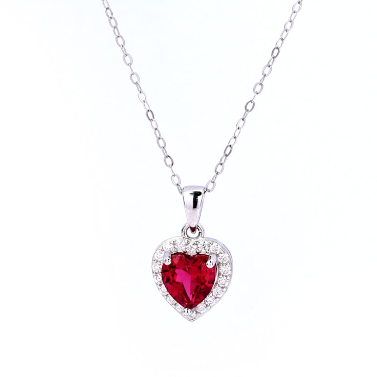 Red Lab Created Ruby With Moissanite Accents Rhodium Over Silver Heart Pendant