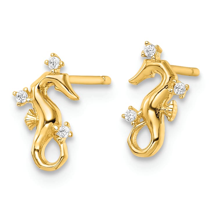 14k Yellow Gold Polished Cubic Zirconia Seahorse Stud Earrings