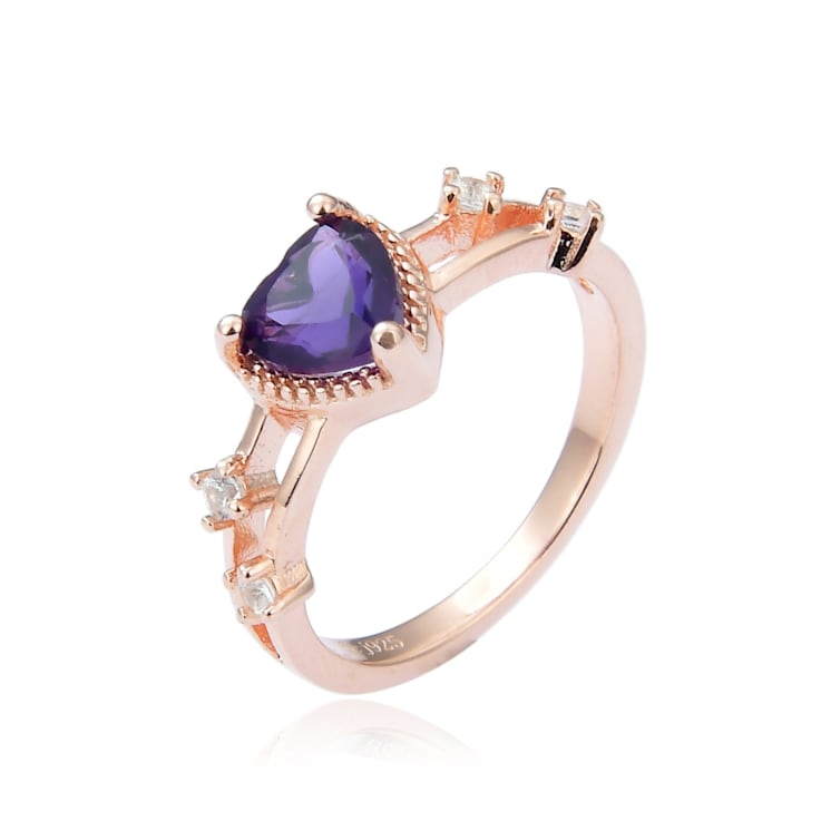 Heart Shape Amethyst with White Sapphire Accents 14K Rose Gold Over
Sterling Silver Split Shank Ring