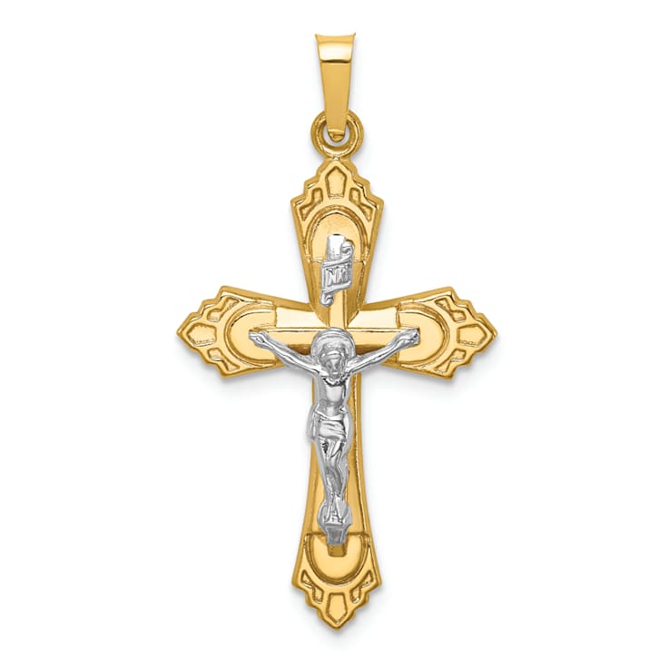 14k Yellow Gold and 14k White Gold Polished Fleur-de-Lis Crucifix Pendant