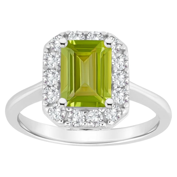 8x6mm Emerald Cut Peridot And White Topaz Accents Rhodium Over Sterling
Silver Halo Ring