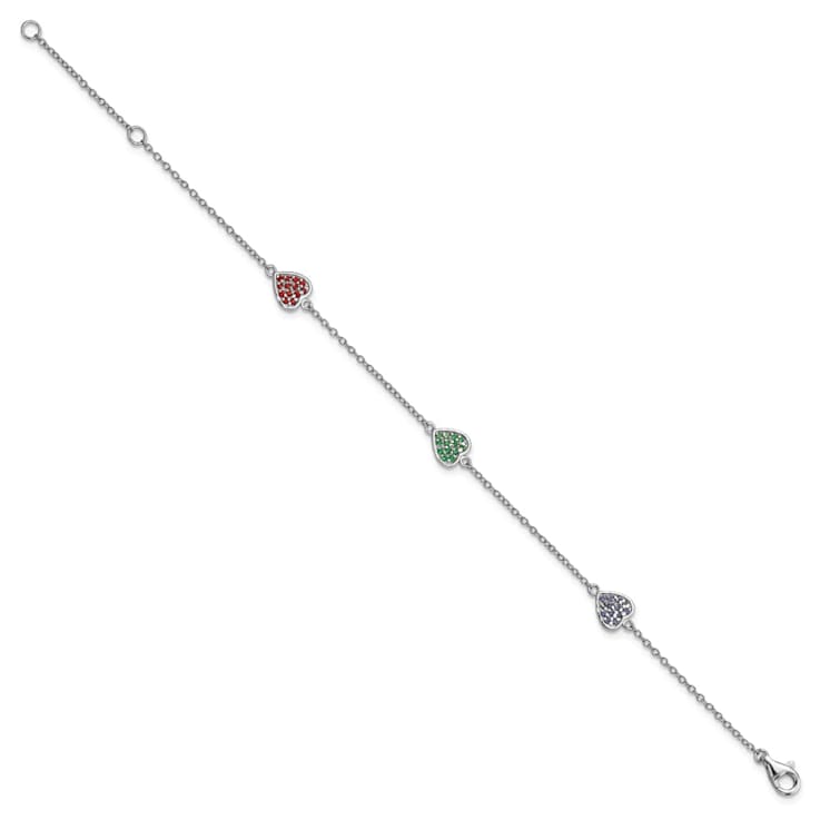 Rhodium Over Sterling Silver Red, Green and Blue Glass Heart with 1-inch
Extension Bracelet
