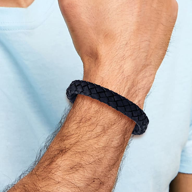 Navy Braided Leather and Stainless Steel Brushed 8.25-inch with 0.5-inch
Extension Bracelet